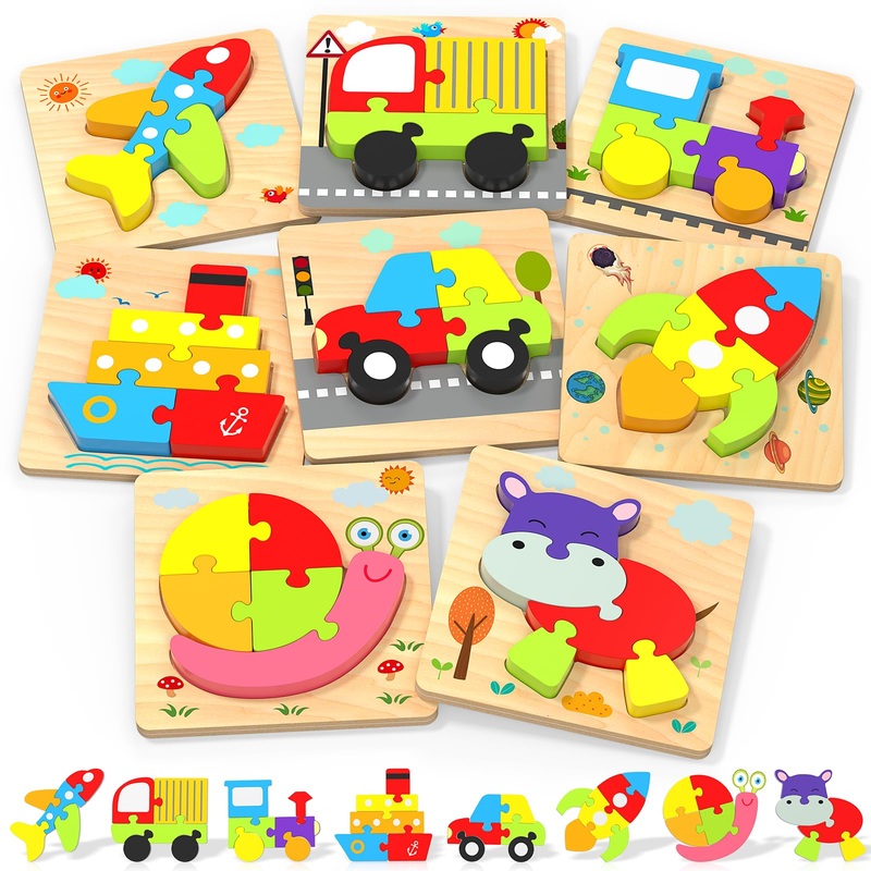 Wooden Puzzles Toddler Toys For 1 2 3 Years Old Boys Girls, 8 Vehicle Shape Learning Educational Blocks Birthday Gifts Sensory T