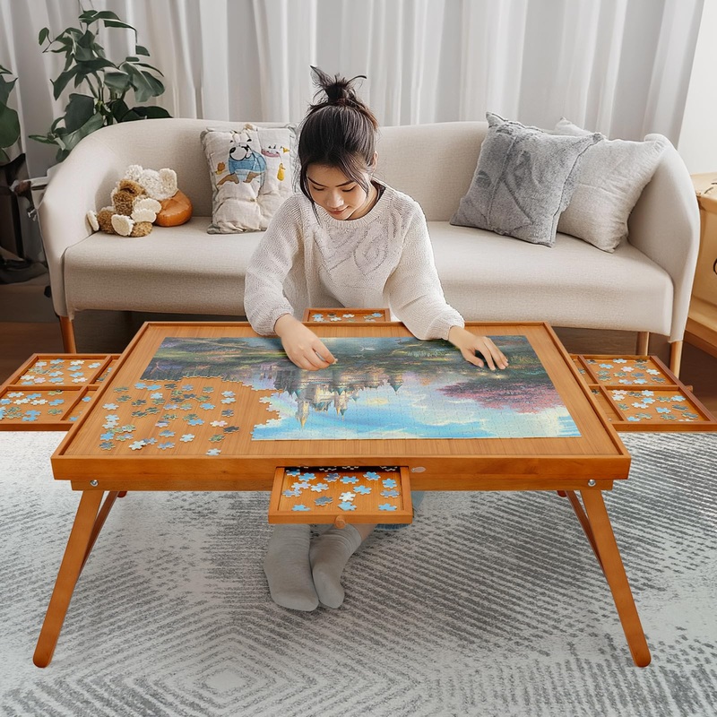 Ykhallybee Puzzle Table 1500 Pieces Wooden Puzzle Board With Legs, 34.3   X 26.5    Jigsaw Board With 4 Drawers And Cover, Folda