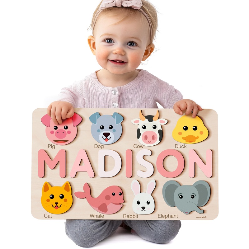 Zuzu Puzzle Personalize Name Puzzle For Toddlers With Animals, Baby Gift For Girls And Boys 0 1 2 3 Year Old, Personalized Puzzl