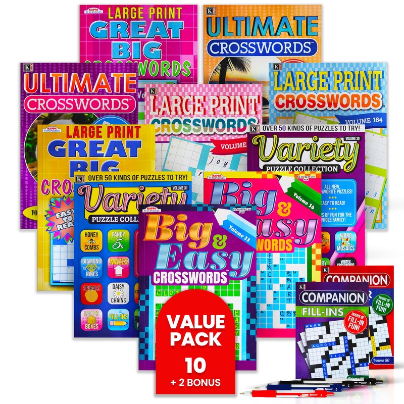 10-Pack Large Print Crossword Puzzles For Seniors Plus 2 Fill-In Puzzle Books And 4 Pens - Big, Bold, Easy-To-Read, Perfect Brai