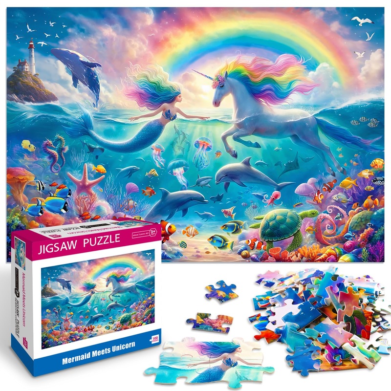 100 Piece Puzzles For Kids Ages 6-8 8-10 Mermaid Unicorn Puzzle For Girls 4-6 Years Old 100 Piece Jigsaw Puzzle For Adults Toddl