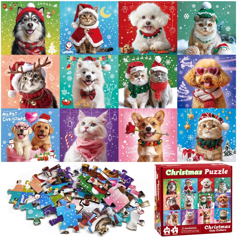 100 Pieces Christmas Puzzle For Kids Age 4-8 4-6 8-10 Christmas Cat Dog Jigsaw Puzzles Gifts Stocking Stuffers For Boys Girls (C