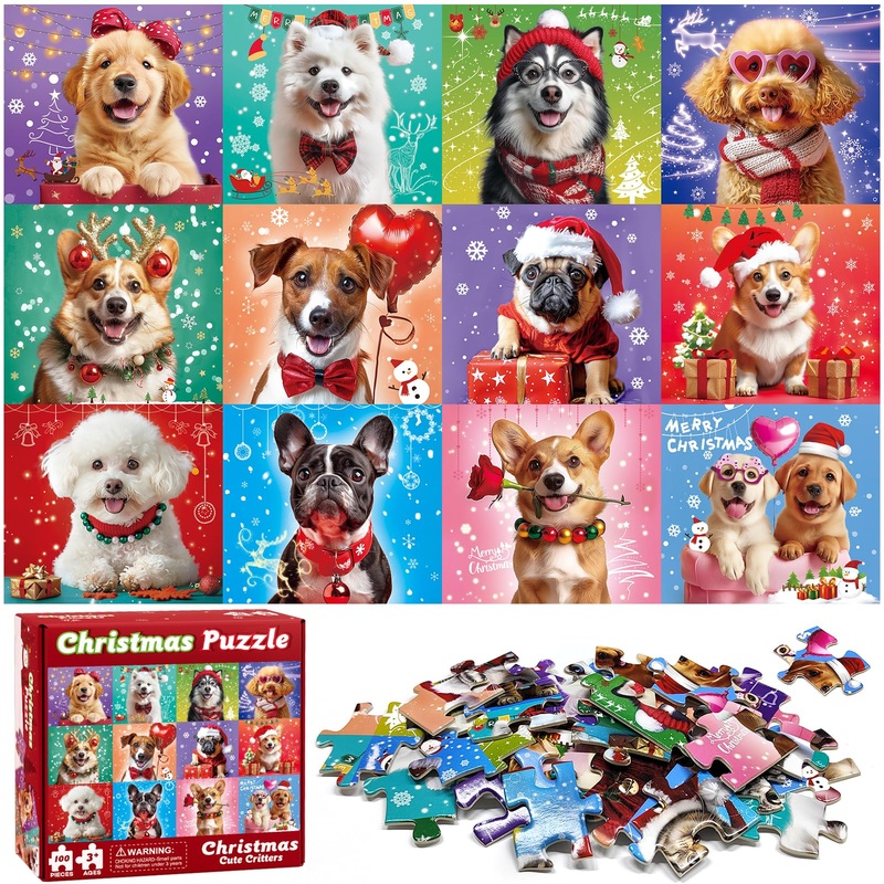 100 Pieces Christmas Puzzle For Kids Age 4-8 4-6 8-10 Christmas Cat Dog Jigsaw Puzzles Gifts Stocking Stuffers For Boys Girls (D
