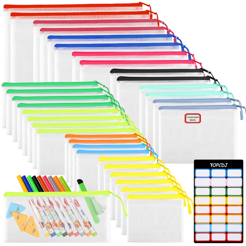 32Pcs Mesh Zipper Pouch Bags, 12 Colors For Puzzles Board Game Storage, 8 Sizes For Reusable Plastic Zip Organizer For Travel Of