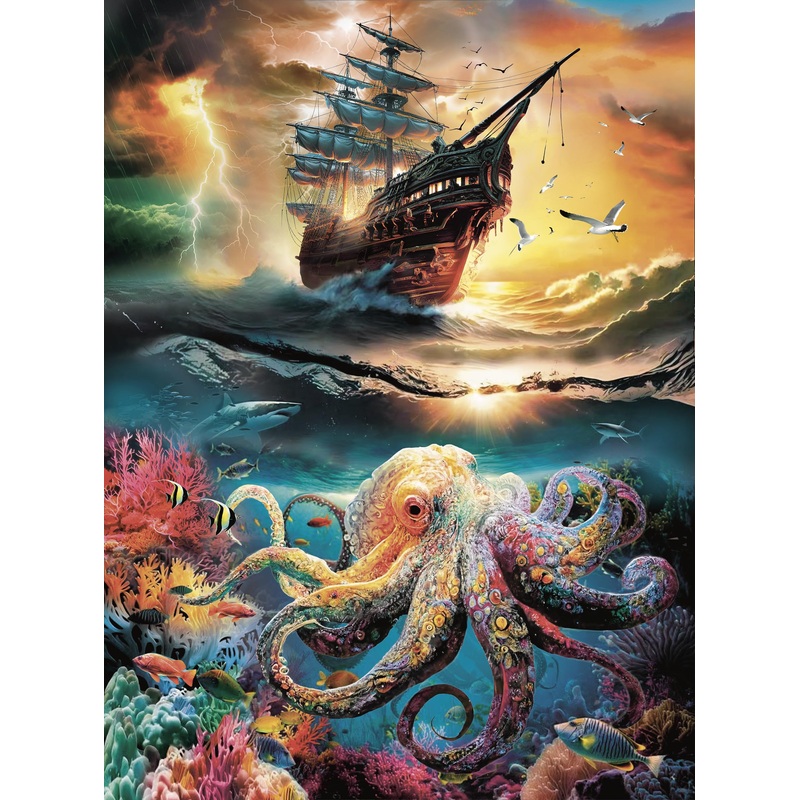 500 Piece Jigsaw Puzzle For Adult Intricate Nautical Octopus Puzzle, Stormy Sea Ship Scenery Difficult And Challenge Large Puzzl