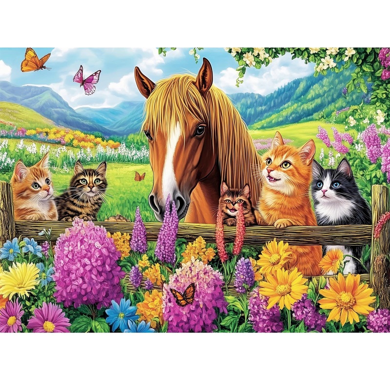 500 Piece Puzzle For Adults- Cats And Horses Puzzle| Recycled Paper Farm Jigsaw Puzzles 500 Pieces | Challenging Family Activity