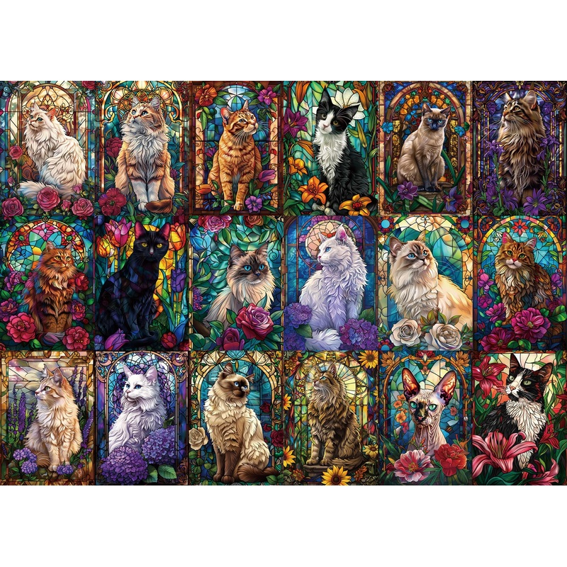 Buhah Stained Glass Cat Puzzles For Adults 1000 Pieces Colorful Flower Art Jigsaw Puzzles Animal Collage Plant Floral For Decora