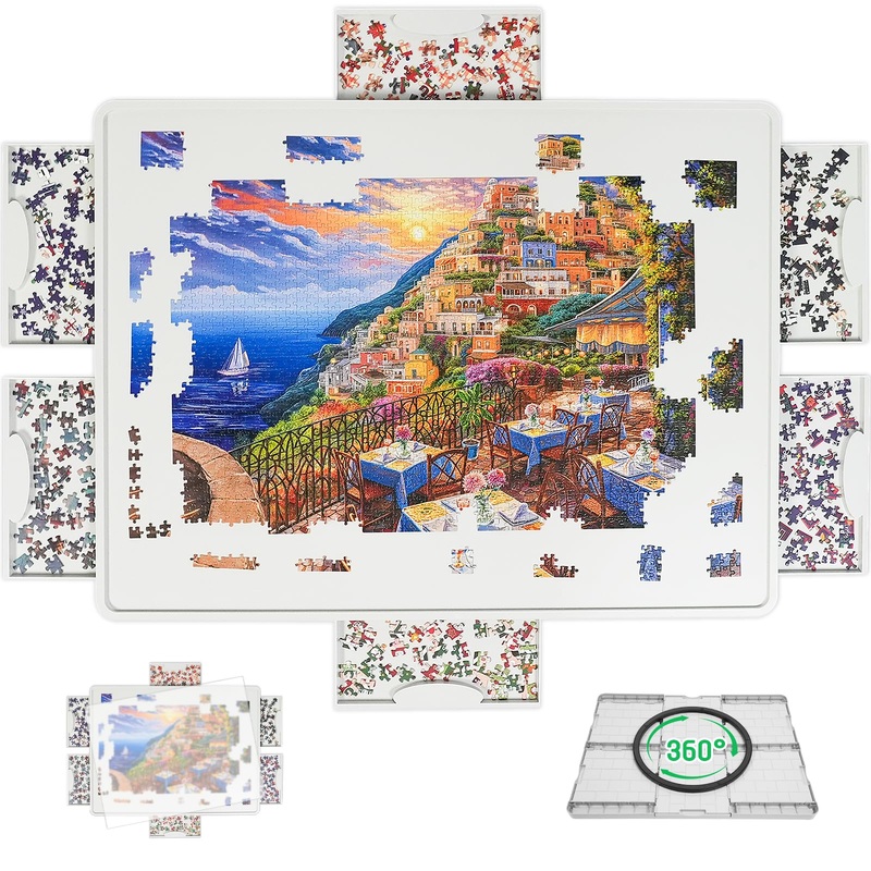 Builderbutler Rotating Puzzle Board For 1500 Pieces With 6 Sliding Drawers And Cover - 360 Lazy Susan Spinning, 26''X35'' Portab