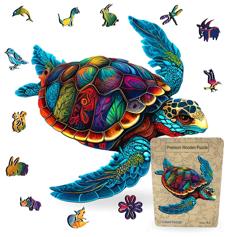 Cafthub Wooden Jigsaw Puzzles A4 - Animal Shaped - Wooden Puzzles For Adults And Family (Colorful Sea Turtle)