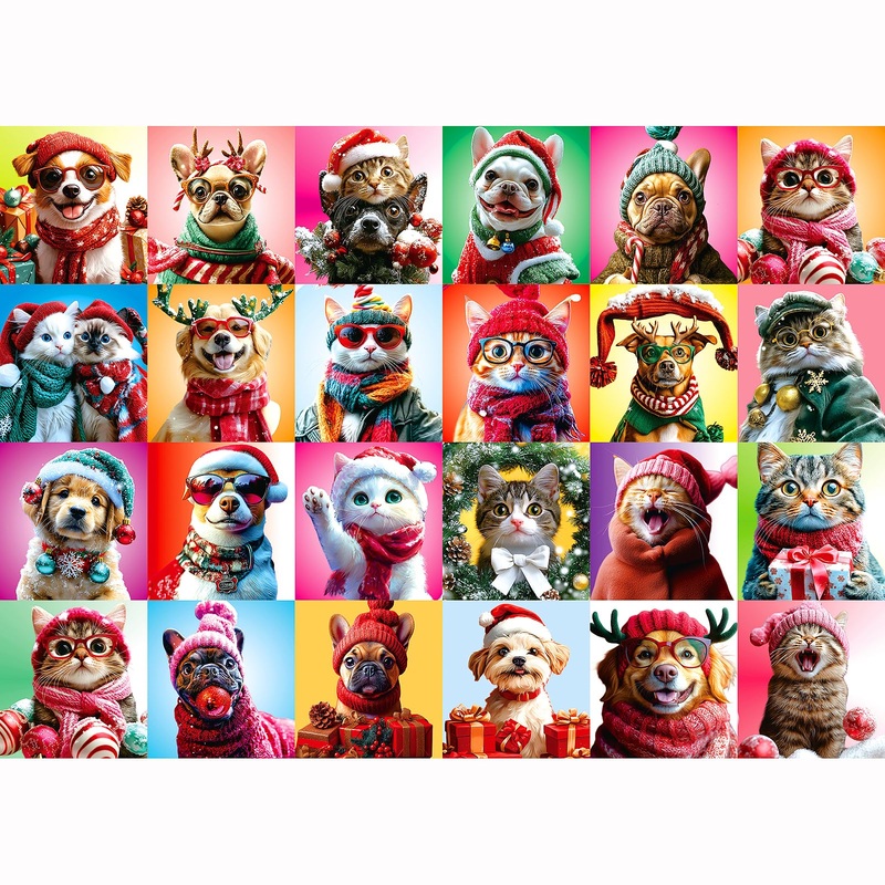 Christmas Dog Cat Puzzles For Adults 1000 Pieces Colorful Animal Collage Jigsaw Puzzles Family Funny Challenging Holiday Puzzles