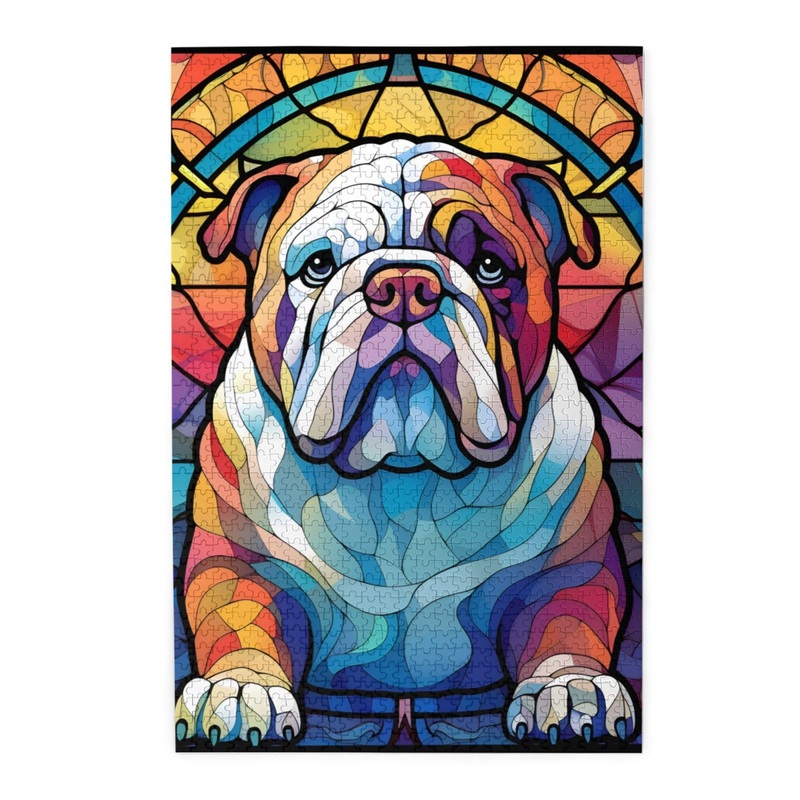English Bulldog Dogs Lovers Stained Colorful Glass 1000 Pieces Art Painting Wooden Puzzle For Kids Adults, Birthday Mother'S Fat