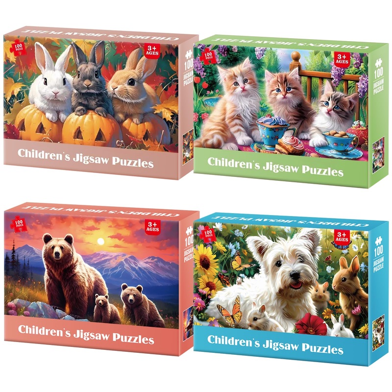 Jeacirio Puzzles For Kids Ages 6-8 - 4 X 100 Piece Puzzles For Kids Lovely Animals Large Piece Jigsaw Puzzles For Seniors Educat