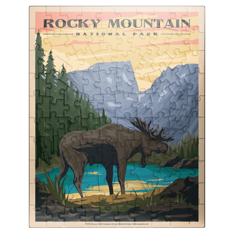 Mypuzzle Rocky Mountain National Park - Moose In The Rocky Sunrise, Vintage Travel Poster - Premium 100 Piece Jigsaw Puzzle For