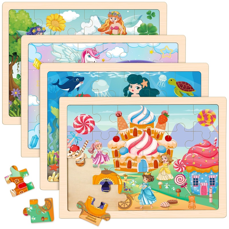 Princess Unicorn Mermaid Fairy Puzzles For Kids Ages 4-6, 4 Packs Wooden Jigsaw Puzzles For Toddlers Girls 2-4, Preschool Educat
