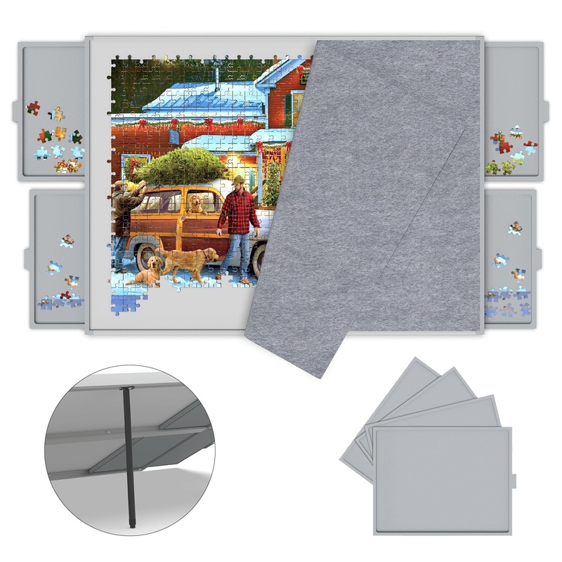 Puzzle Board 1500 Pieces,Jigsaw Puzzle Board With Adjustable Tilting Pole,Puzzle Board With Drawers,Grey Jigsaw Puzzle Board