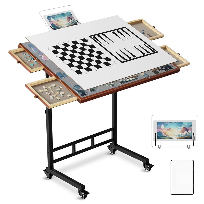Puzzle Table With Drawers, 1500 Piece Jigsaw Puzzle Board With Wood Cover And Shelf, Tiltable And 14 Level Height Adjustable, Fo