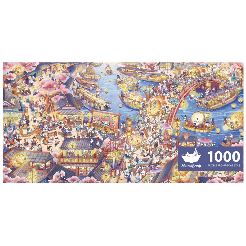 Puzzles For Adults 1000 Pieces, Momibook Jigsaw Puzzles Of Chinese Village Town Cat, Painting Image 81.3X40.6Cm(32''X16'') Toys