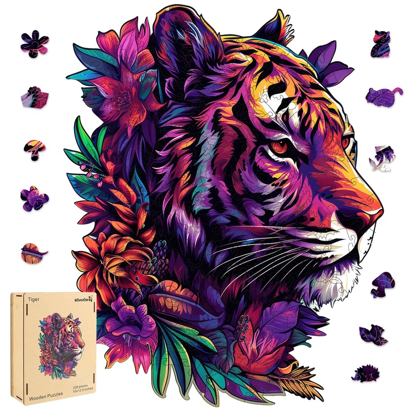 Qiuenisray Original Wooden Jigsaw Puzzles-Tiger,200Pcs,10X12.6In,Medium,Wooden Puzzles For Adults,Unique Shape Animal Adult Puzz