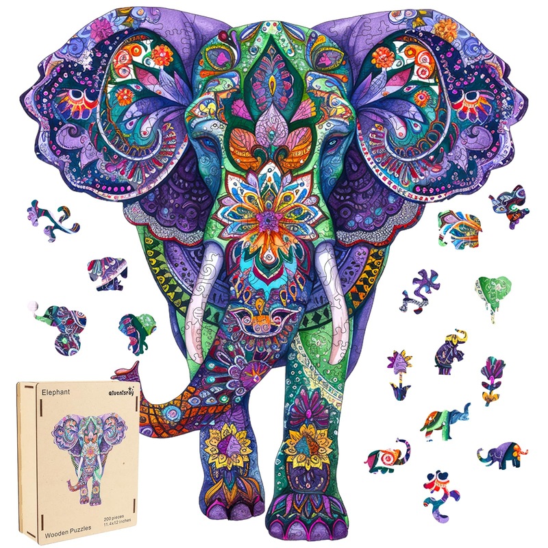 Qiuenisray Wooden Jigsaw Puzzles-Elephant,200Pcs,12.4X11.4In,Medium,Wooden Puzzles For Adults,Unique Shape Animal Adult Puzzles,