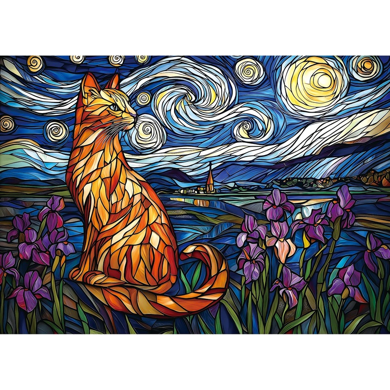 Stained Glass Cat Puzzles For Adults 1000 Pieces Starry Night Impossible Hard Puzzle For Adults Beautiful Vintage Flowers Cats A