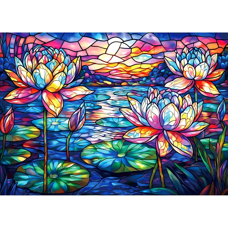Stained Glass Flower Puzzles For Adults 1000 Pieces Colorful Waterlily Impossible Hard Puzzle For Adults Beautiful Vintage Flowe