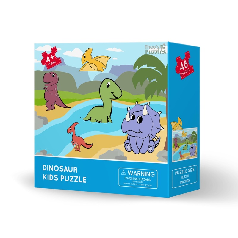 Theo'S Puzzles Dinosaur Kids Puzzle - Fun 48-Piece Jigsaw With Diverse Dinosaur, Rivers, And Volcano Scenery For Ages 4+, Perfec