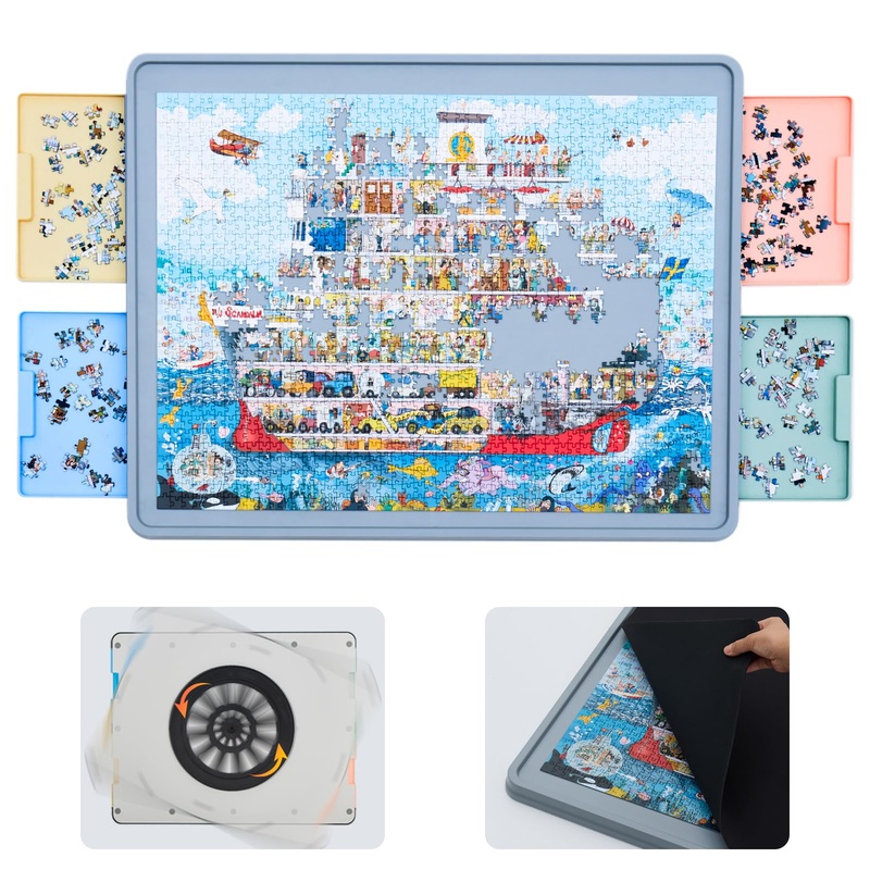 Welgee Rotating Puzzle Board For 1500 Pieces With Drawers And Cover | Upgraded Lazy Susan Spinning Jigsaw Puzzle Organizer Table
