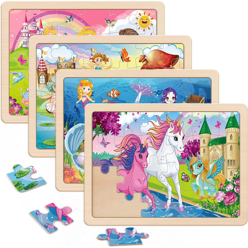 Wooden Puzzles For Kids Ages 4-6, 4 Packs 24 Pcs Unicorn Mermaid Princess Fairy Jigsaw Puzzles, Preschool Educational Brain Teas