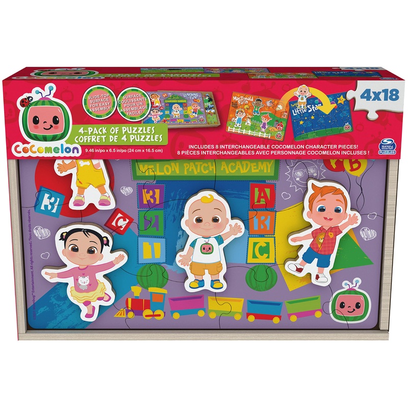 Cocomelon, 4-Pack Wooden Puzzles, 18-Pieces Each Jigsaw Toy Gift Set With Interchangeable Characters, For Kids Ages 3 And Up