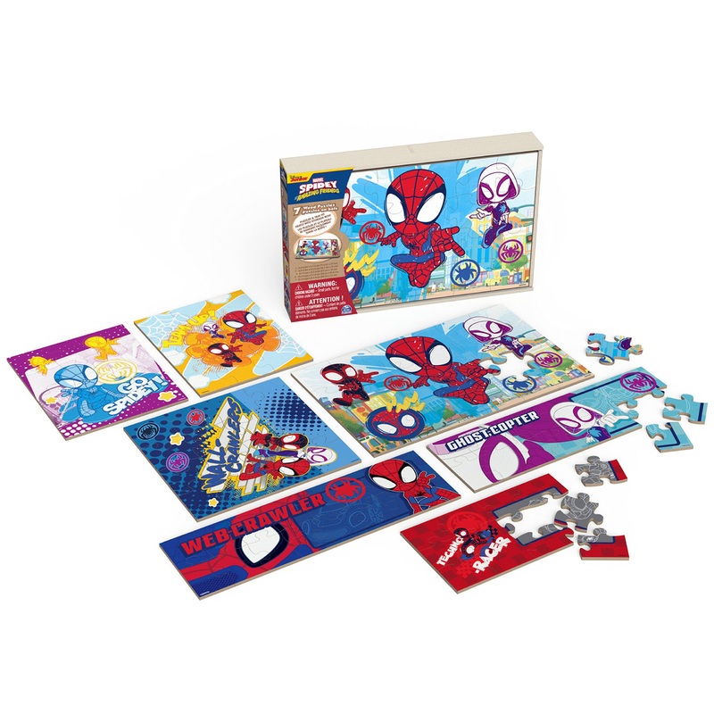 Marvel Spidey And His Amazing Friends 7 Wood Jigsaw Puzzles With Sliding Wood Storage Box- Spidey And His Amazing Friends Toys F