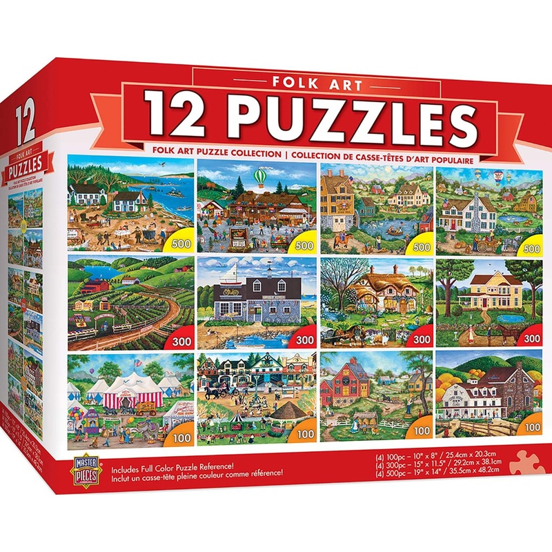 Masterpieces 12 Pack Jigsaw Puzzles For Adults, Family, Or Kids - Folk Art 12-Pack Bundle