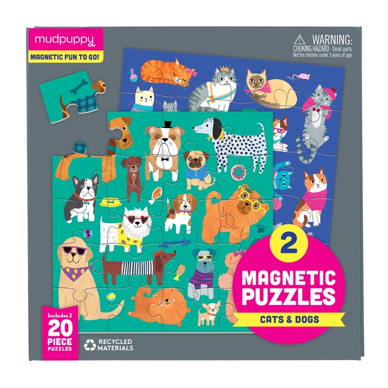 Mudpuppy Cats & Dogs - Tri Fold Magnetic Puzzles Featuring Two 20 Piece Cat And Dog Themed Artwork