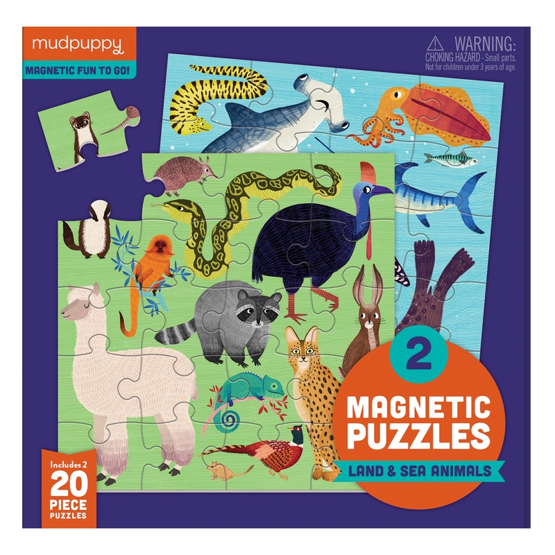 Mudpuppy Land & Sea Animals Magnetic Jigsaw Puzzle, Great For Kids Ages 4+, 2 Magnetic Puzzles, 20 Pieces Each, 6.5    X 6.5   ,