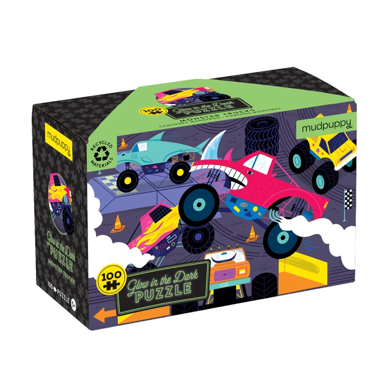 Mudpuppy Monster Trucks - 100 Piece Glow In The Dark Puzzle With Colorful Scene Of Cars And Trucks And Hidden Puzzle Details In