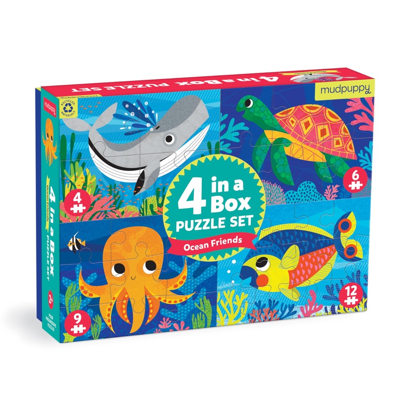 Mudpuppy Ocean Friends 4-In-A-Box Puzzle Set From Mudpuppy, Includes 4 Progressive Jigsaw Puzzles For Kids With 4-12 Pieces, Col