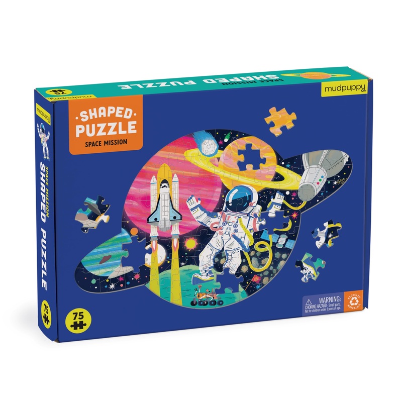 Mudpuppy Space Mission - 75 Piece Unique Saturn Shaped Scene Puzzle With Colorful And Fun Illustrations Of Space Life For Childr