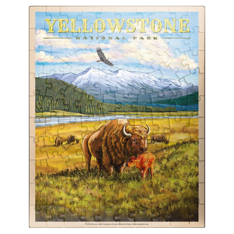 Mypuzzle Yellowstone National Park - Hayden Valley Bisons, Vintage Travel Poster - Premium 100 Piece Jigsaw Puzzle For Adults