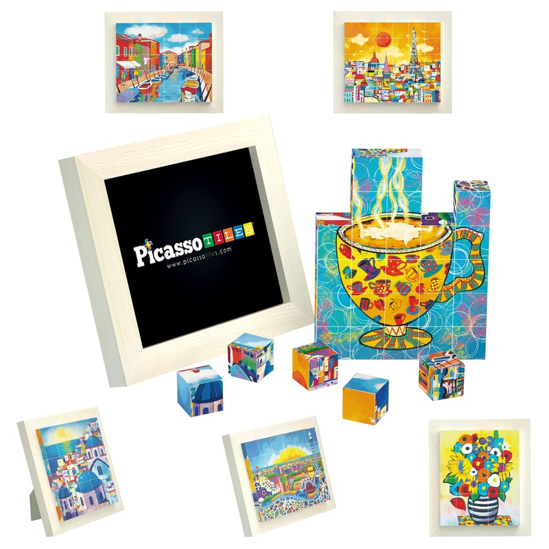 Picassotiles 6-In-1 World Famous Painting Puzzles Magnetic Cubes Toy_Building_Block, Spain Park Guell, Paris Eiffel Tower, Greec