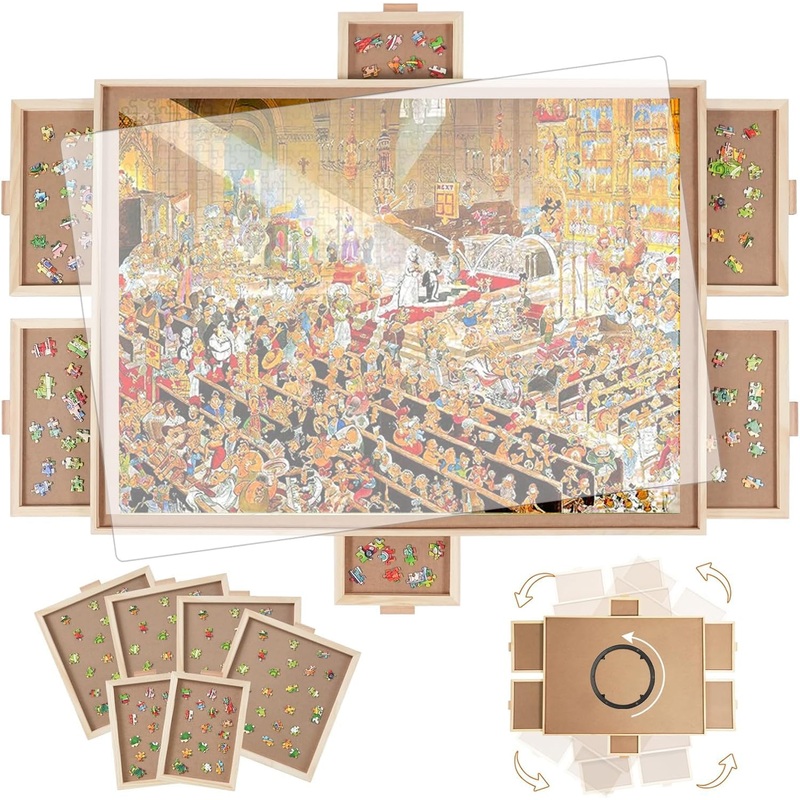 Builderbutler 1000 Pieces Rotating Puzzle Board With 6 Drawers,30.9''X23.2'' Portable Wooden Jigsaw Puzzle Table With Lazy Susan