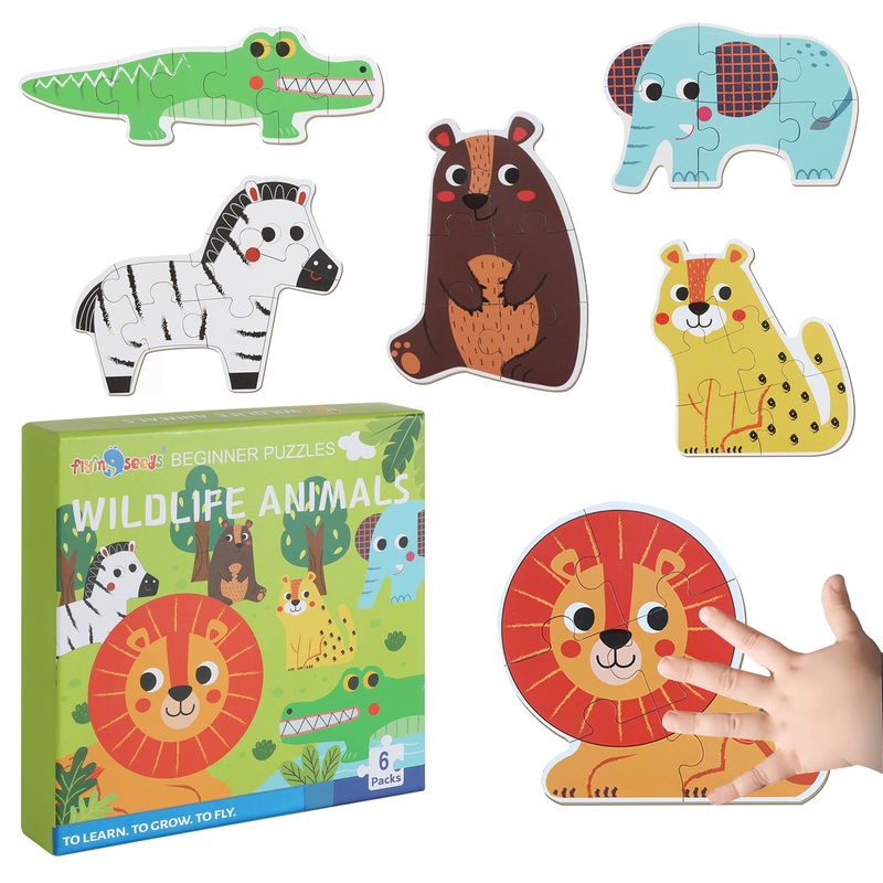Flyingseeds 6 Packs Wooden Jigsaw Puzzles For Toddlers, Wildlife Animals Shaped Puzzles For Beginners Ages 1-3, Montessori Learn