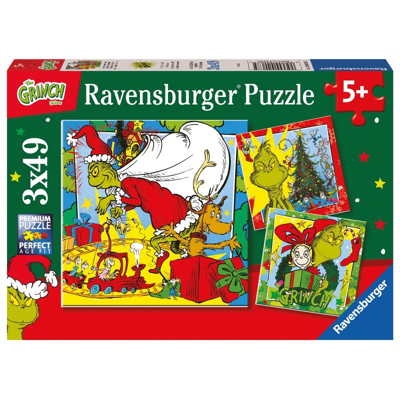 Ravensburger - Jigsaw The Grinch, Gift Idea For Children 5+ Years, Educational And Stimulating Game, 3 Puzzles Of 49 Pieces, 21