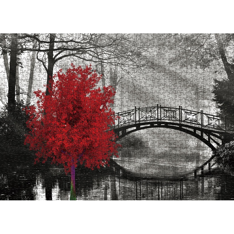 Scarlet Solitude Classic Puzzles For Adults 1000 Pieces, Black And White Bridge And Red Tree Jigsaw Puzzles, Wall Art Puzzles Fo