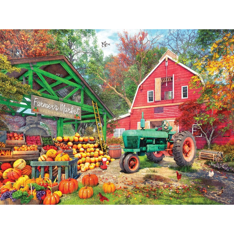 White Mountain - Farmers Market, 500 Piece Jigsaw Puzzle, Farm Puzzle, Big Red Barn, Pumpkins