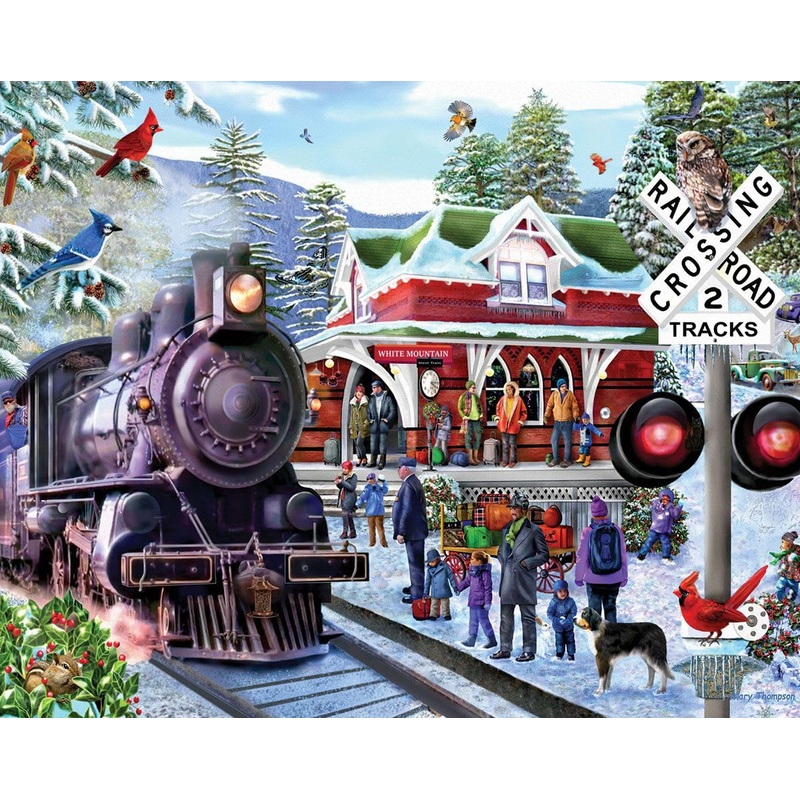 White Mountain Train Ride Winter Puzzles 1000 Pieces Scenic Seek & Find Jigsaw Puzzle For Family And Adults