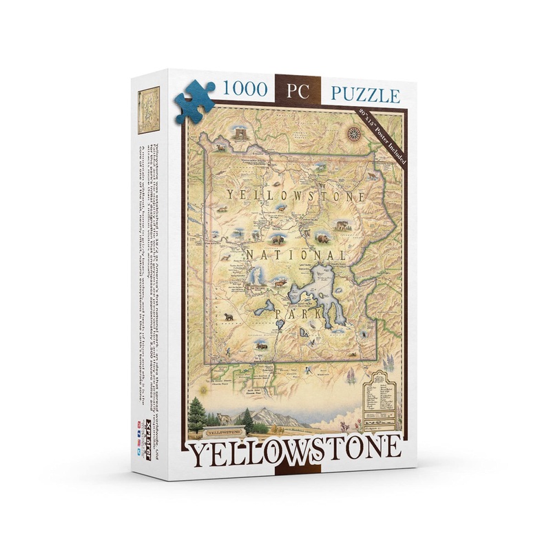 Yellowstone National Park Map Cardboard Jigsaw Puzzle - 1000 Pieces, Hand-Illustrated - Educational, Family Activity, Ages 8+, I