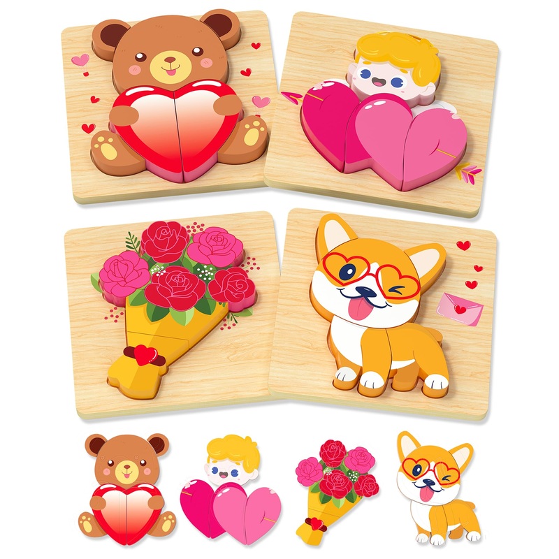 Benresive Valentines Day Wooden Toddler Puzzles Ages 1-3, Montessori Toys For 1 2 Year Old Boys Girls, 4 Pack Valentines Day Tod