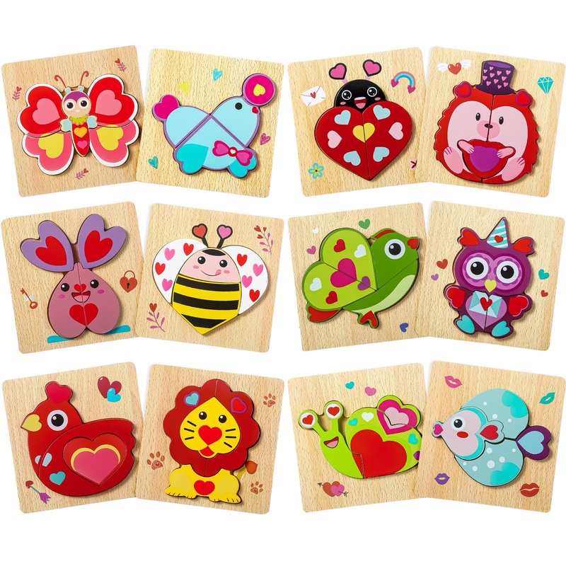 Capoda 12 Pack Valentines Animal Wooden Puzzles Wood Animal Jigsaw For Toddlers Montessori Preschool Learning Games Educational