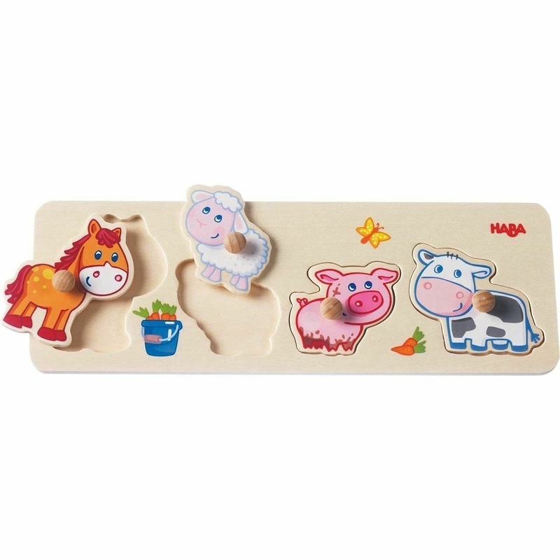 Haba Baby Farm Animals Clutching Puzzle - 4 Piece Jumbo Knob Wooden Puzzle For Ages 1 And Up