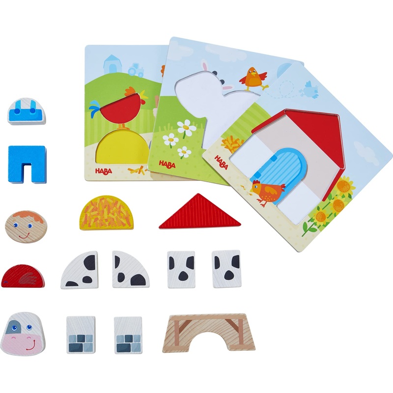 Haba On The Farm Beginner Pattern Blocks Puzzle With 3 Background Scenes And 14 Wooden Pieces - Ages 18 Months + (Made In Germany)