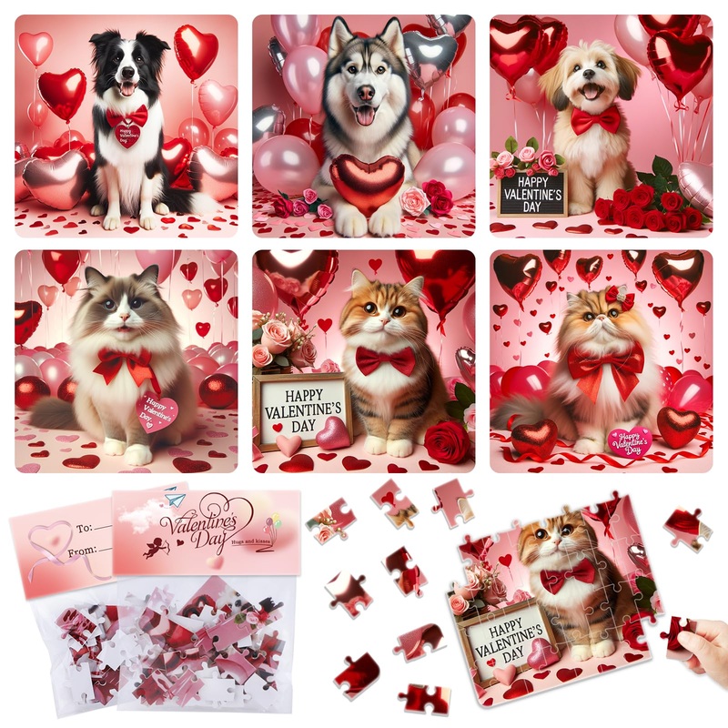 Konijiwa Valentines Day Cat Dog Puzzle 24 Pack Kids Valentines Day Gifts Classroom Exchange Teacher Gifts Perfect For Children T